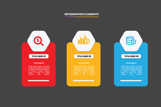Modern 3-stage business infographic set with semi-circle process and hexagonal cards for presentation, data visualization, and professional workflow design