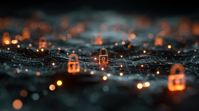 Holographic locks on data network with glowing orange lights