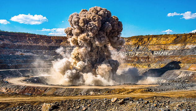 Dramatic open pit mine blast with a massive explosion of rock and dust, showcasing the power of quarry operations under a bright blue sky with clouds