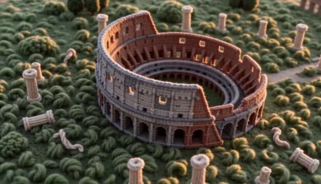 A slow orbiting drone shot reveals a textured knitted Colosseum inspired by Rome, standing among yarn ruins on a green boucle field at sunset