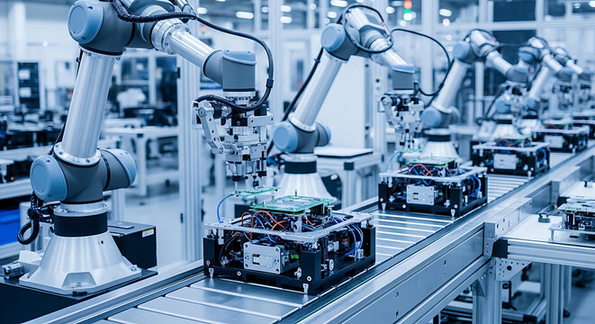 Automated Industrial Robotic Arms Assembling Electronic Components on a Conveyor Belt in a High-Tech Manufacturing Plant