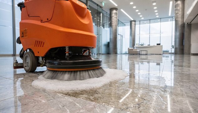 Industrial floor scrubber machine cleaning a large, modern office building lobby with sparkling reflections, showcasing efficiency and hygiene in commercial space maintenance
