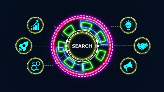 Search engine optimization animation represents digital marketing for website promotion and traffic growth.