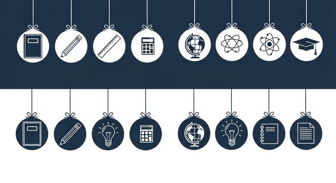 Hanging blue and white circular representing various educational concepts and science mathematics