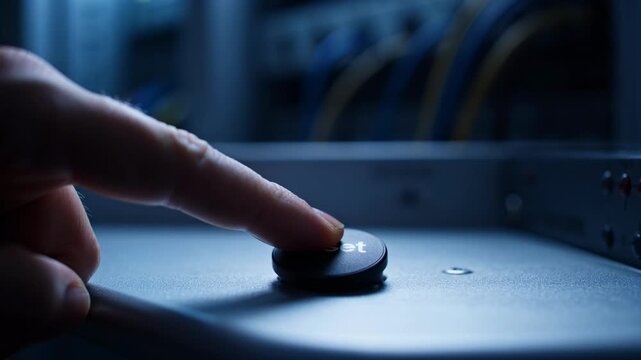 Finger pressing reset button closeup.