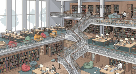 Modern Library Interior with Bookshelves, Desks, and Students Studying © Ganjar