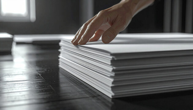 Organized Pages: A hand tenderly rests upon a stack of pristine, blank pages, exuding an air of understated elegance and the promise of endless possibilities.