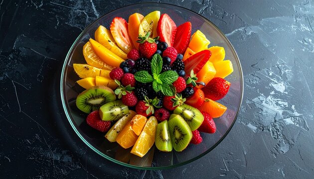 Medium sized transparent glass serving plate with colorful fruit arrangement.