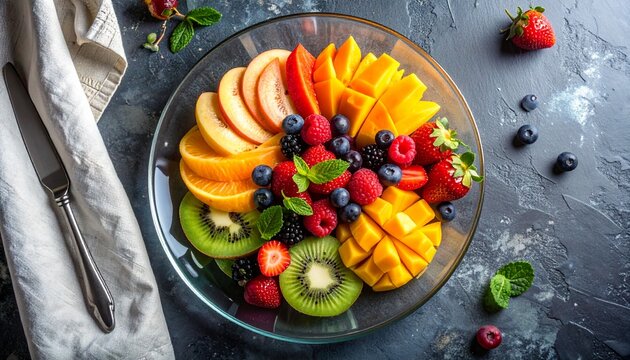 Medium sized transparent glass serving plate with colorful fruit arrangement.