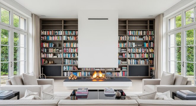 Elegante soggiorno moderno caratterizzato da un camino centrale, librerie a muro ricolme di libri e ampie vetrate che offrono luce naturale, riposo, arredamento, focolare