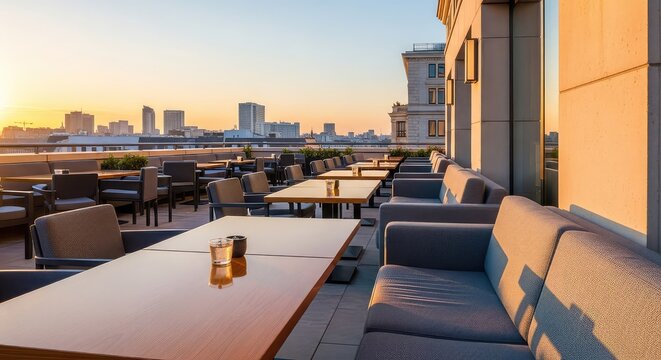 Elegante terraza de hotel con c&oacute;modos sof&aacute;s, mesas de madera y vistas al horizonte durante el atardecer con iluminaci&oacute;n c&aacute;lida y pac&iacute;fica, panor&aacute;mica, vasos, decoraci&oacute;n