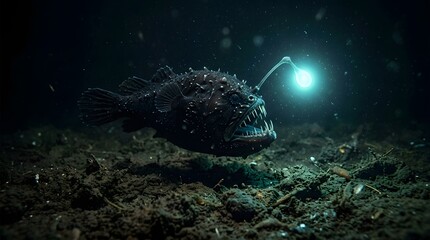Fototapeta premium Deep sea anglerfish glowing in dark underwater environment