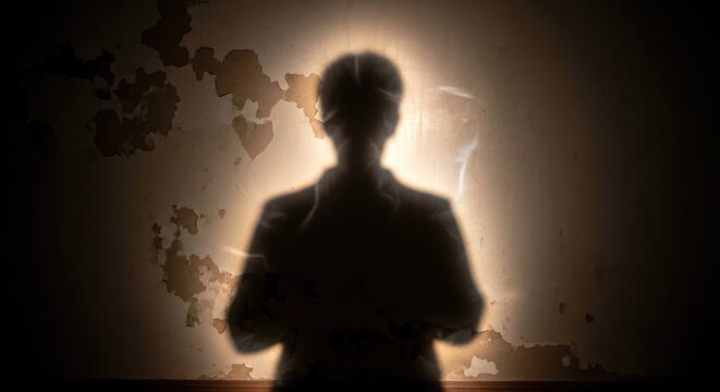 Shadowy silhouette of man against textured wall in dark room