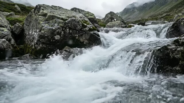 Mountain Stream Splashing Over Rocks in Alpine Wilderness