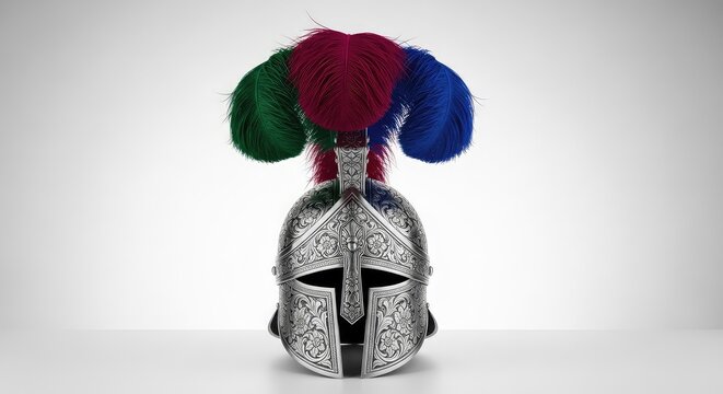Intricately engraved metallic morion helmet with vibrant decorative plumes showcases historical craftsmanship and ornate protective headgear, historical, detail, warfare