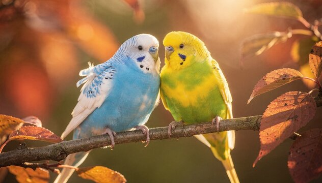 Two colorful parakeets perch together on a tree branch, bathed in warm, golden sunlight during autumn, showcasing their vibrant plumage and peaceful interaction