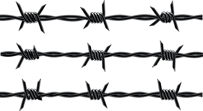 Three rows of black barbed wire on a white background representing restriction and security