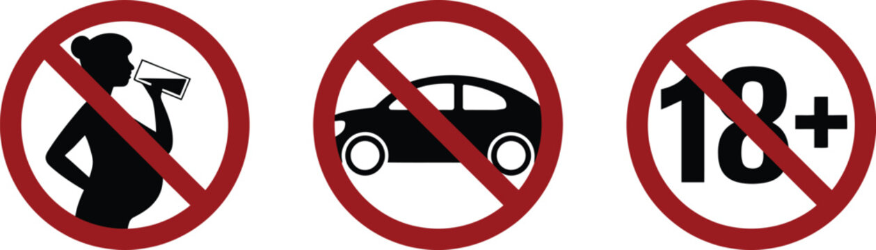 Prohibition signs vector illustration featuring pregnancy alcohol warning and age restriction symbol for public safety rule communication
