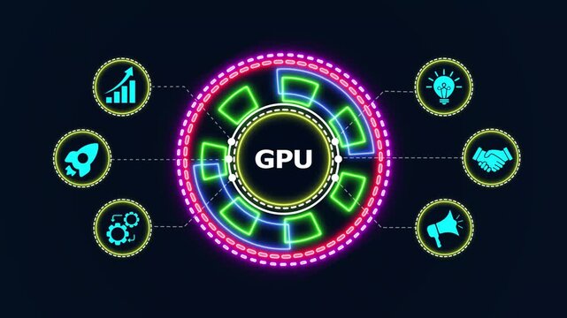 Abstract digital motion graphic animation showing circular technology interface with gpu center label design.