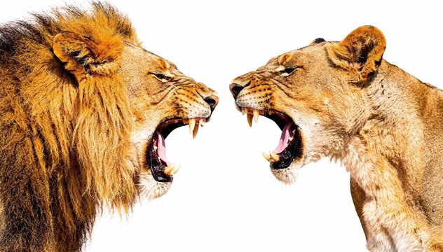 Powerful confrontation between a roaring male lion and a growling female lioness, showcasing their fierce expressions and sharp fangs on a clean white background