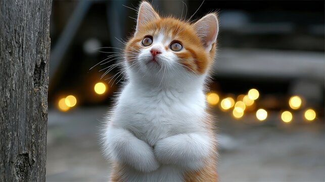 Adorable orange and white kitten standing on hind legs, looking up with pleading eyes, bokeh lights background