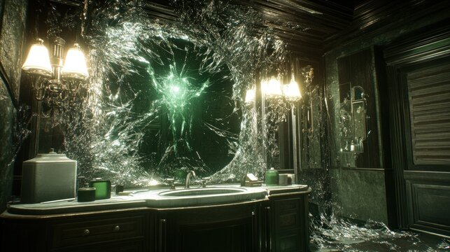 Haunting bathroom, shattered mirror
