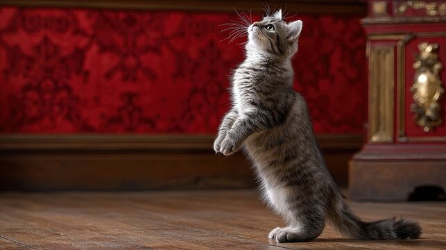 Curious tabby kitten standing on hind legs, looking up intently against a rich red damask background.