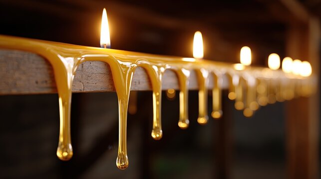 Melting beeswax candles dripping onto wooden beam with warm glowing flames
