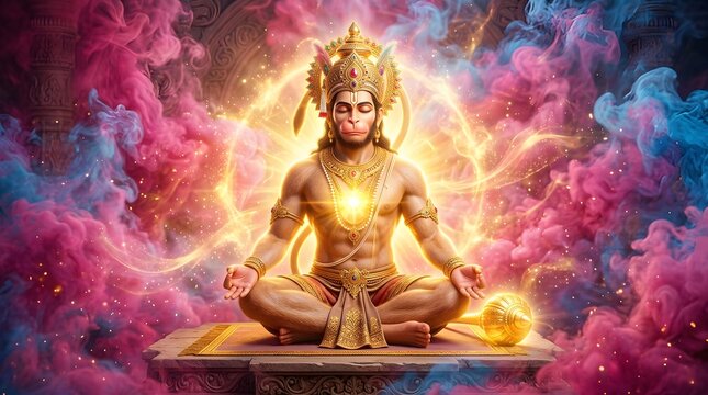 Divine Hanuman Meditating Amidst Vibrant Cosmic Energy Swirls