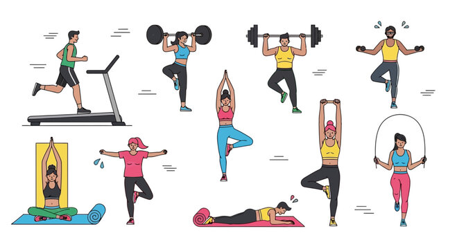 Diverse People Exercising: Yoga, Running, Weightlifting, Jumping Rope, Fitness Icons