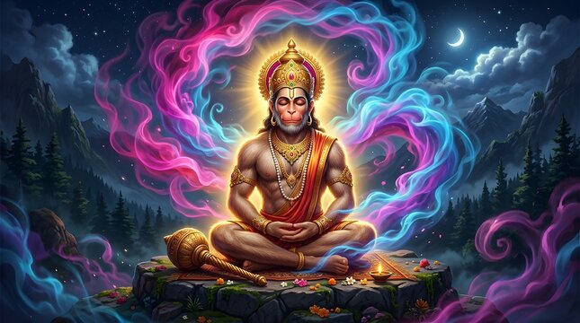 Colorful mystical depiction of Hanuman meditating in serene forest