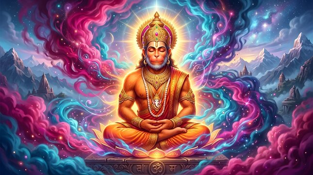 Vibrant depiction of Hanuman meditating amidst colorful cosmic clouds