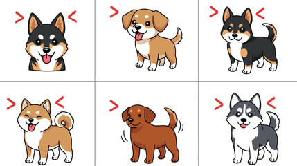 Cute dog breeds set with different poses and expressions, cartoon puppy characters collection including shiba, husky and beagle vector illustration © Jahangir