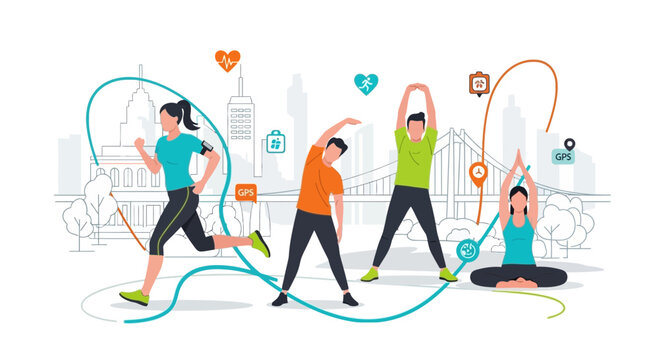 Diverse people exercising outdoors in a city park, fitness and wellness concept