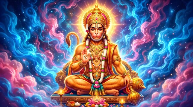 Colorful digital illustration of Lord Hanuman in meditative pose