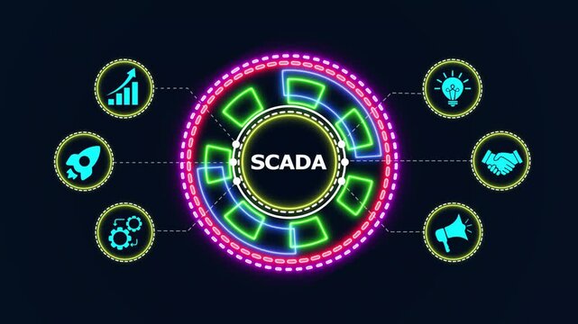Scada system concept motion graphic, supervisory control and data acquisition system, industrial computer systems.
