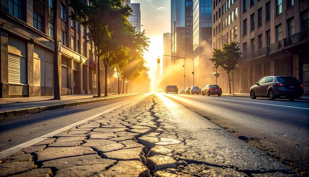 Ground-Level View of Scorching City Street in Extreme Summer Heat Wave with Shimmering Heat Haze and Sunlight