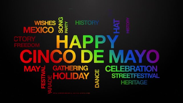 happy Cinco de Mayo concept Animated Tag Word Cloud kinetic typography, Text Design Animation typography seamless loop video motion graphics Intro Wordart tagcloud rainbow type on black background bg 
