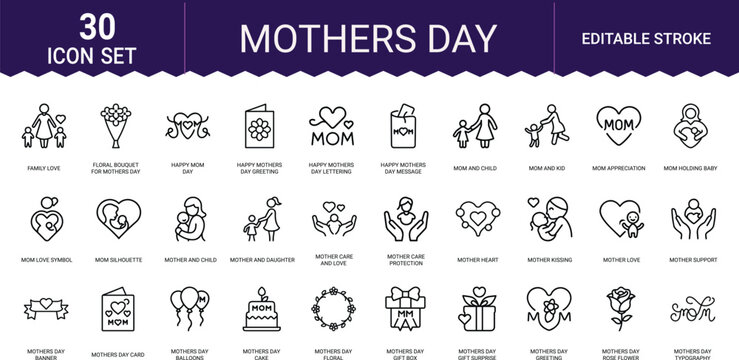 Set of thirty mothers day line icons showing mom love gifts flowers and family happiness.