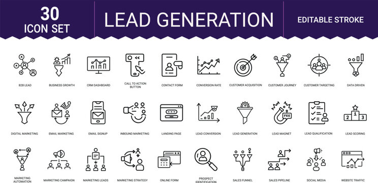 Set of thirty lead generation line icons for digital marketing strategy and sales growth.