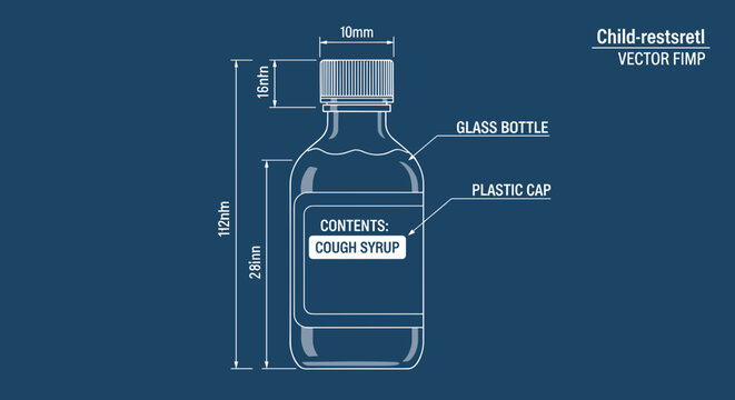 Blueprint style illustration of a cough syrup bottle with precise measurements, glass structure, and plastic cap on a dark blue background