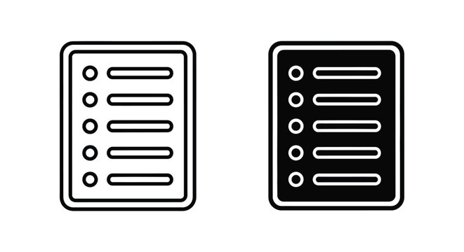 Checklist document icon set with bullet points in outline and solid black graphic styles for business organization and task management software UI elements