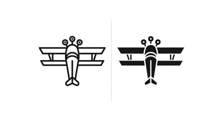 Vintage biplane aircraft icon set featuring outline and silhouette designs for aviation and travel themes © Zenith