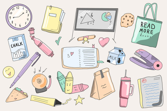 Back to school study lunch pastel clipart on beige background