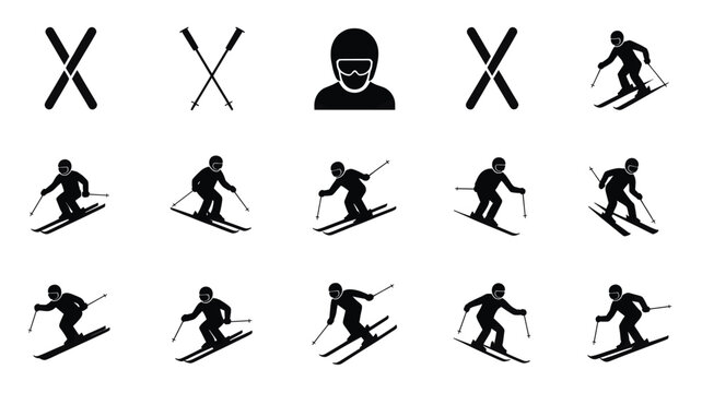 Set of 15 Black and White Skiing Sport Vector Icons