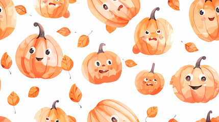 Naklejka premium Colorful Cartoon Pumpkins with Faces Surrounded by Autumn Leaves on a Bright White Background