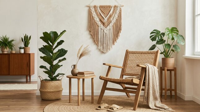 Cozy Scandi Boho Interior with Macrame Wall Hanging and Greenery