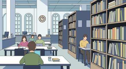 Students studying in a modern library with bookshelves and laptops. © Ulvi