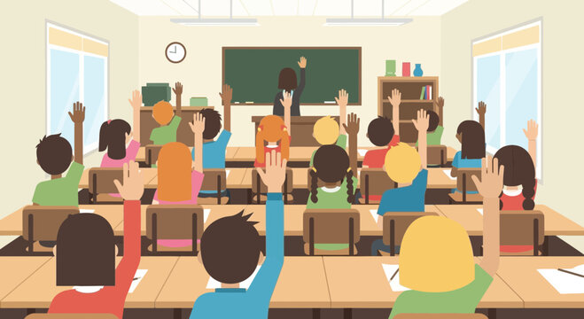 Diverse students raising hands in classroom during lesson, teacher at blackboard