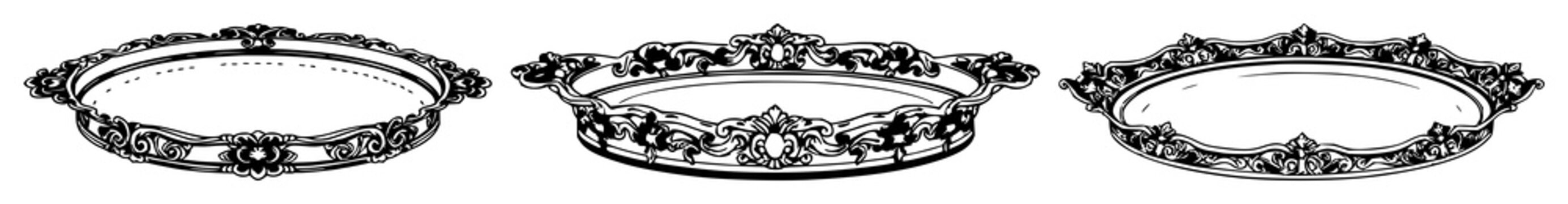 Ornate silver tray set with intricate silver line art design featuring trinkets, patterns, ornamentation with elegant and decorative style